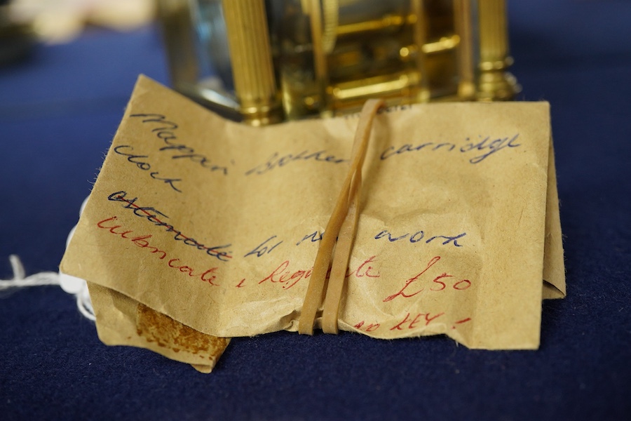 An early 20th century champleve enamel repeating carriage clock with subsidiary dial, with key, 19cm high
